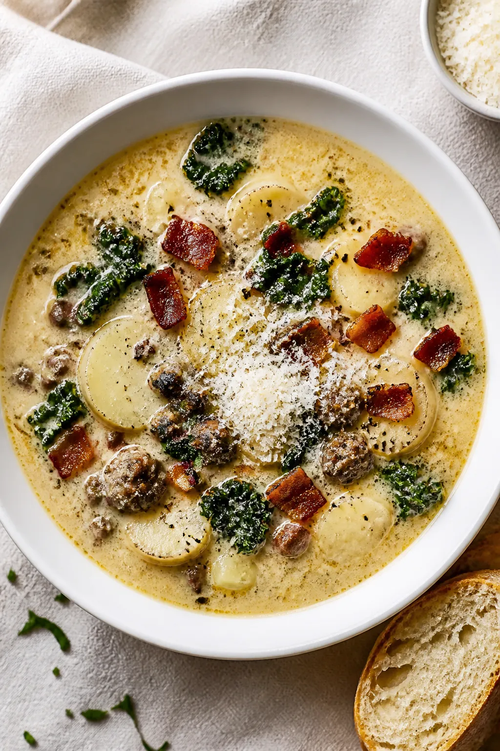 Tasty top view, overhead bowl: Overhead shot of a finished bowl of Copycat Olive Garden Zuppa Toscan