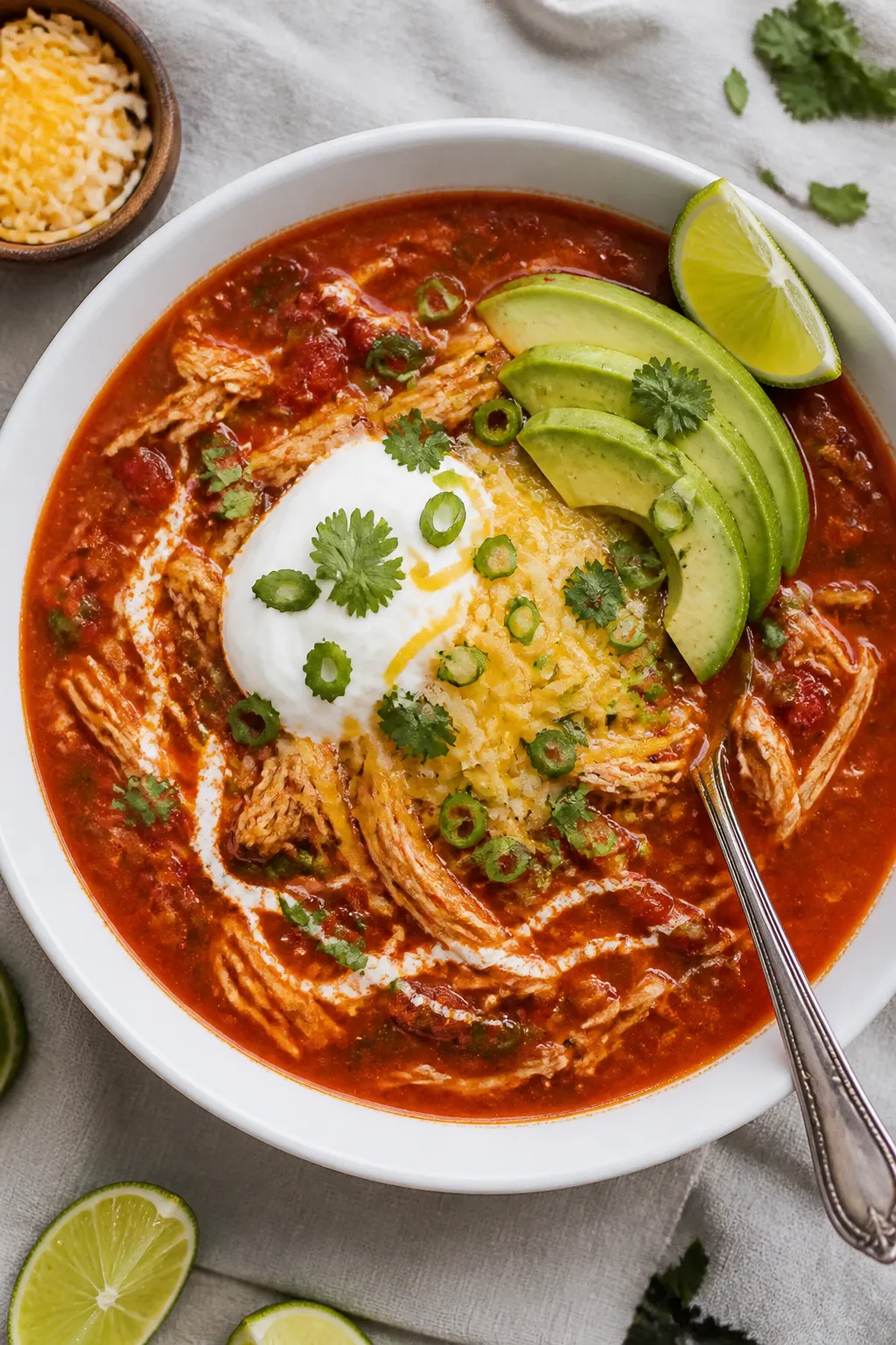 Tasty top view, overhead bowl: Overhead shot of a ladled bowl of low carb chicken enchilada soup wit
