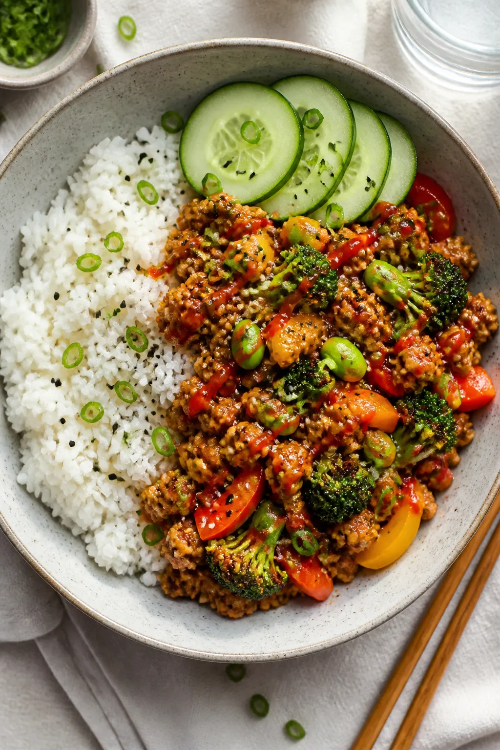 Tasty top view, overhead bowl shot: Overhead shot of a Ground Chicken Teriyaki Rice Bowl with fluffy