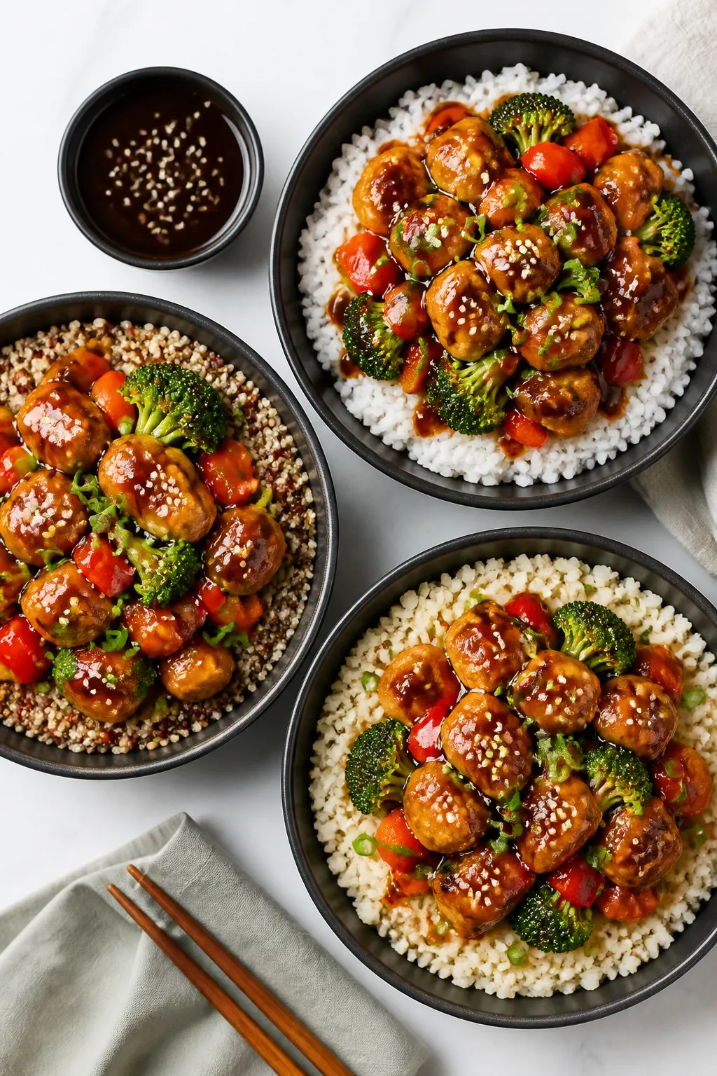 Tasty top view — Overhead meal-prep spread of teriyaki chicken bowls: three neatly arranged bowls 