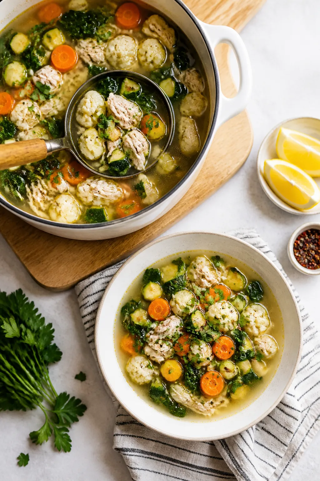 Tasty top-view, overhead serving moment: Overhead shot of a family-style pot and ladle mid-serve int
