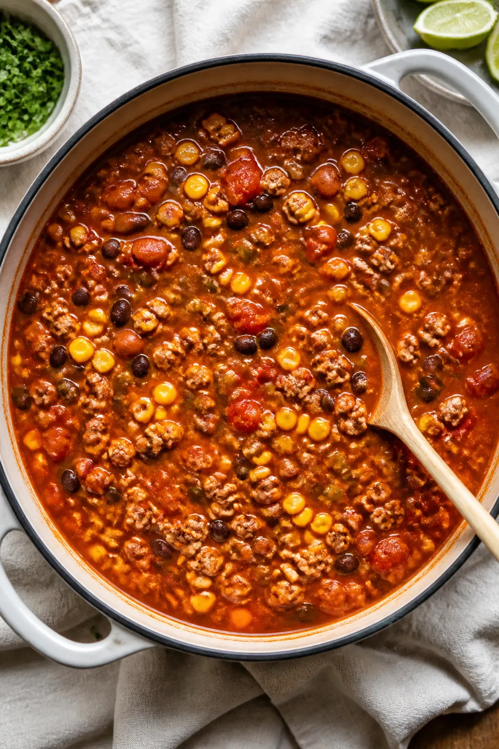 Tasty top view, overhead shot: Low Calorie Turkey Taco Soup at a lively simmer in a wide pot—beans