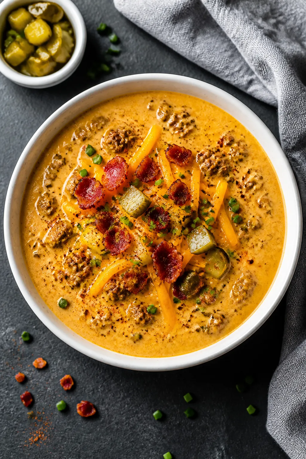 Tasty top view: Overhead shot of a bowl of finished Keto Bacon Cheeseburger Soup, richly golden and