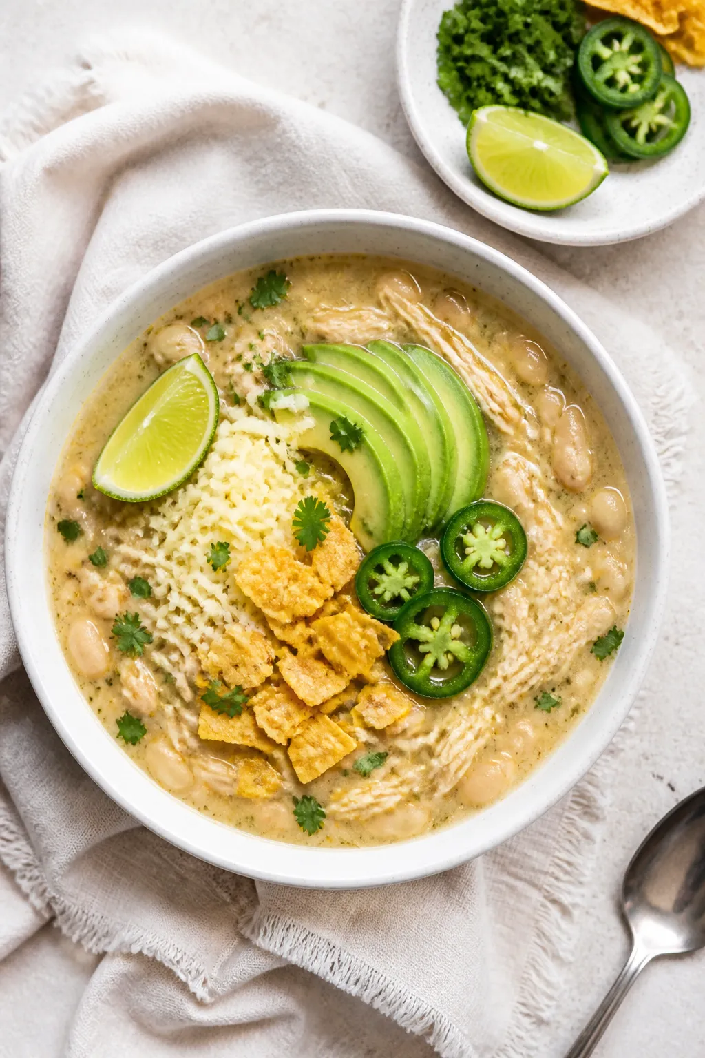 Tasty top view: Overhead shot of a bowl of finished white chicken chili, richly garnished with shred