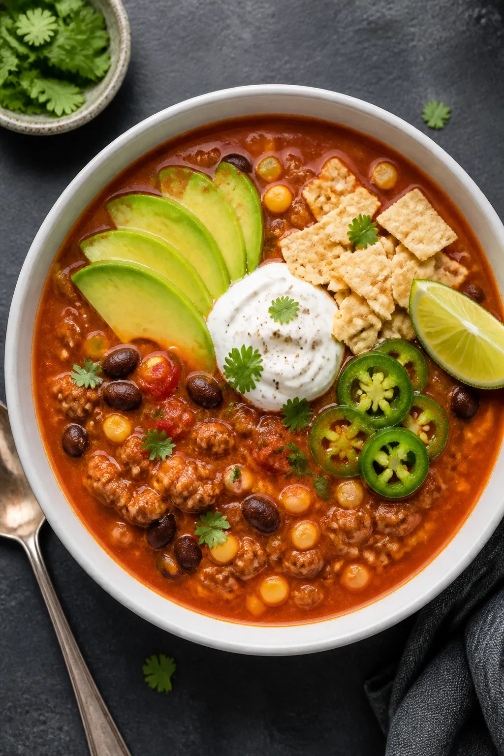 Tasty top view: Overhead shot of a bowl of Healthy Ground Turkey Taco Soup, thick and vibrant, toppe