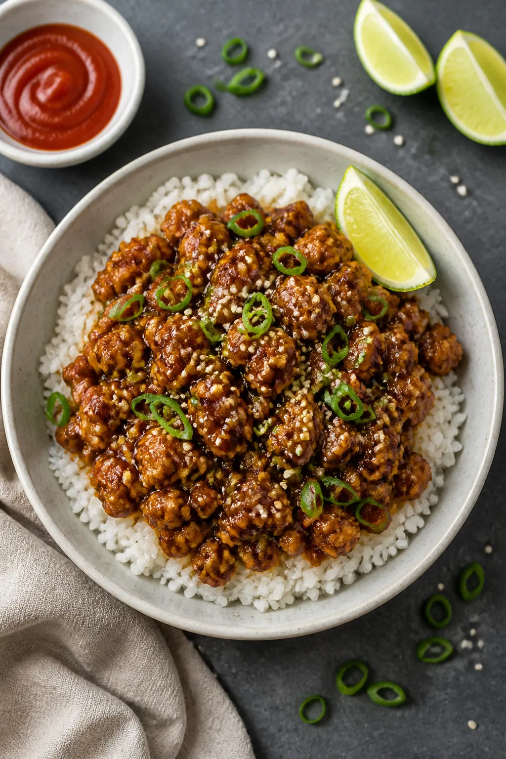 Tasty top view: Overhead shot of a dinner bowlâfluffy jasmine rice topped with a generous mound of