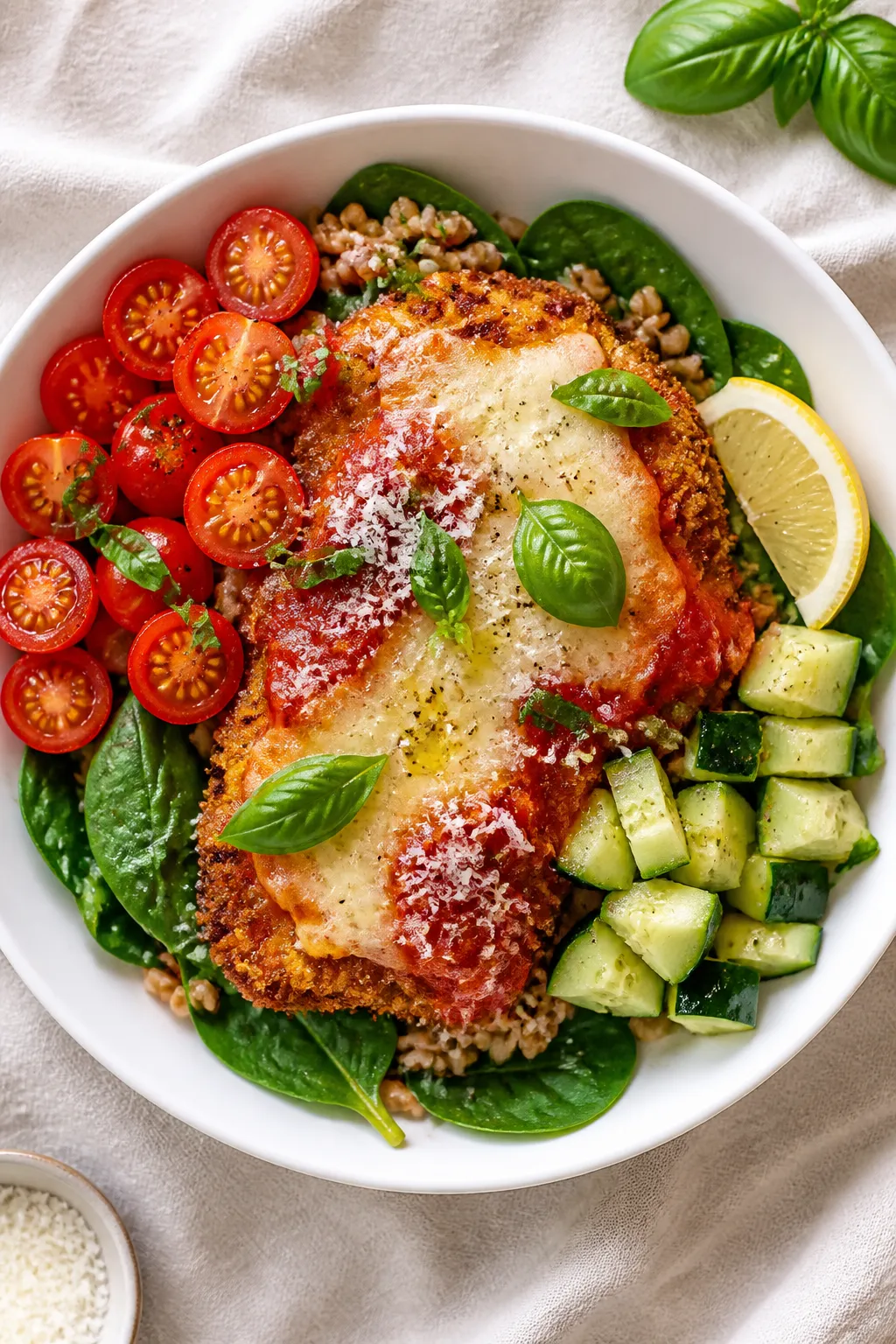 Tasty top view: Overhead shot of a Healthy Chicken Parmesan Bowl built over farro and baby spinach, 