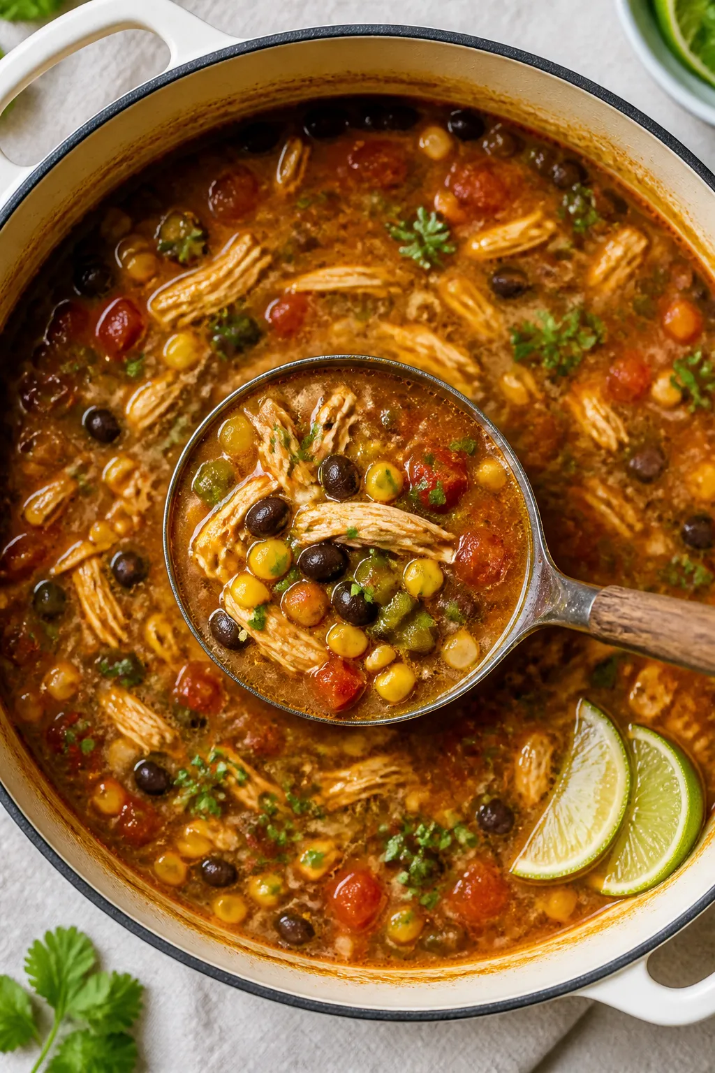 Tasty top view: Overhead shot of a ladle hovering over the pot, scooping a hearty portion of the fin