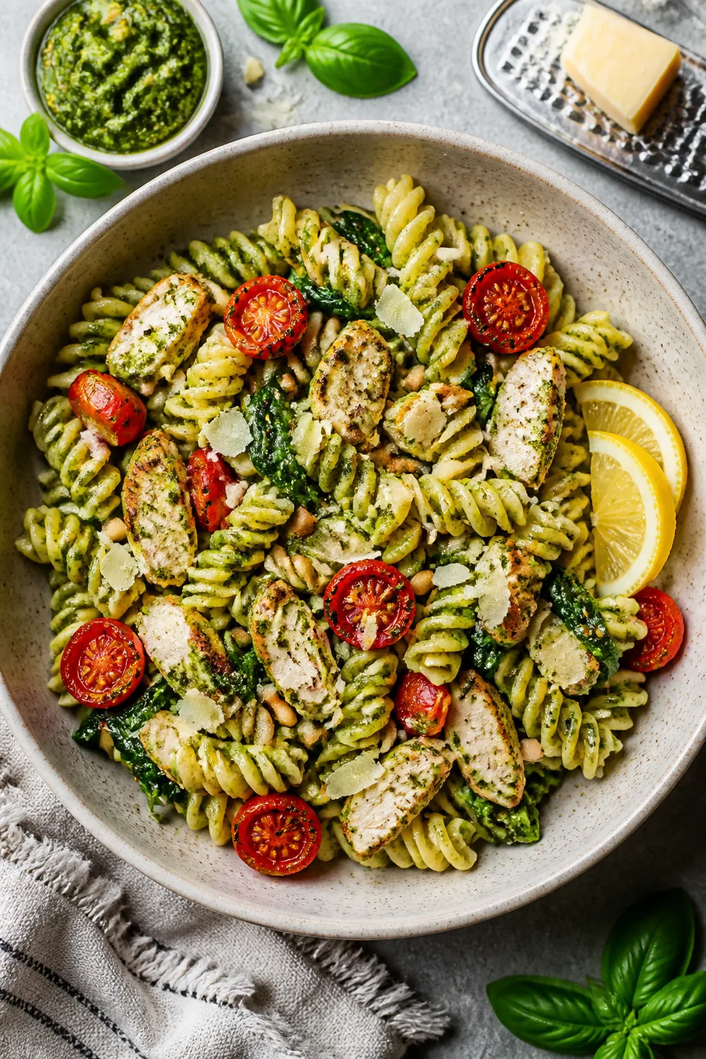 Tasty top view: Overhead shot of a large bowl of chicken pesto pasta—al dente rotini coated in cre