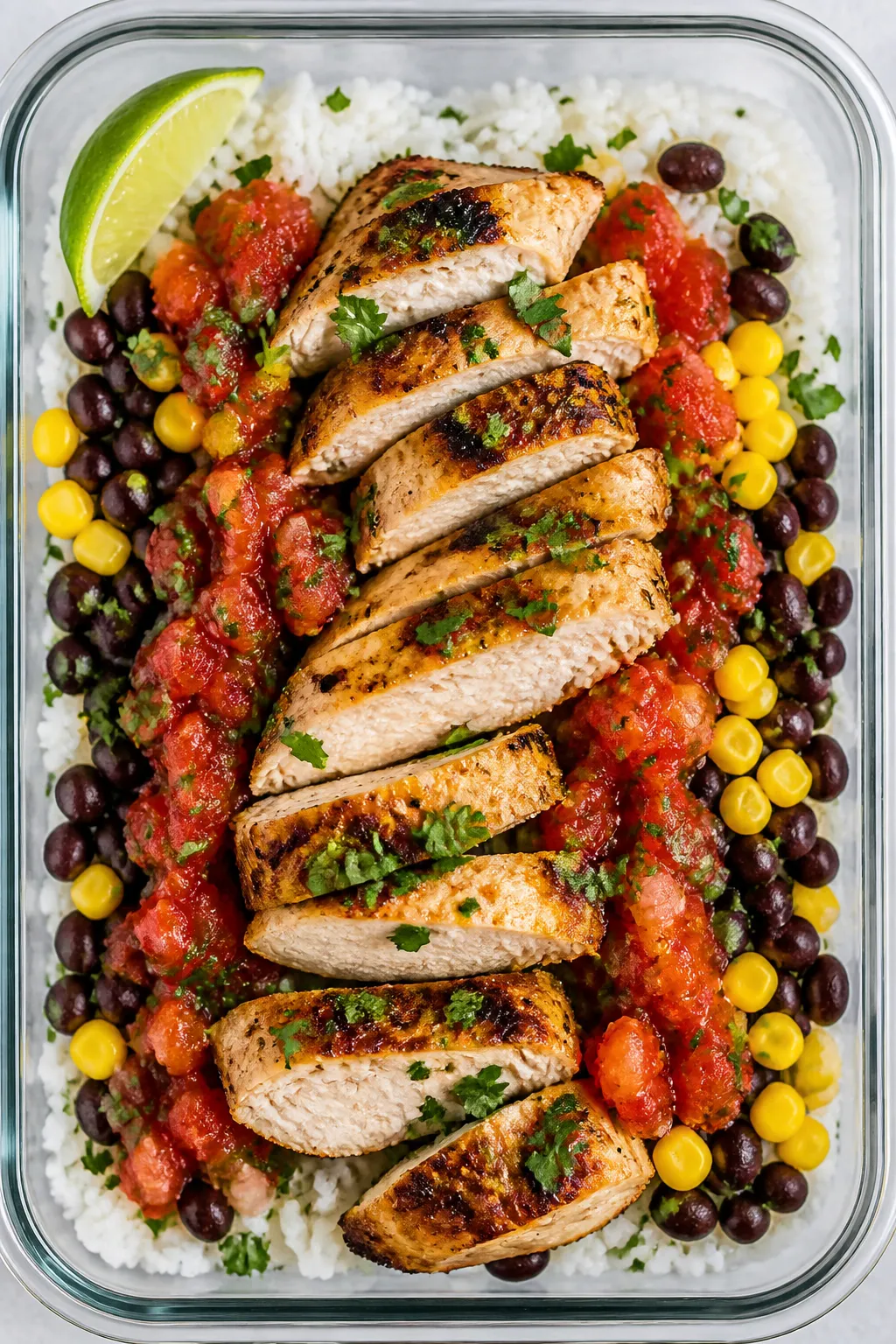 Tasty top view: Overhead shot of a meal prep chicken taco rice bowl base in a container—fluffy lim
