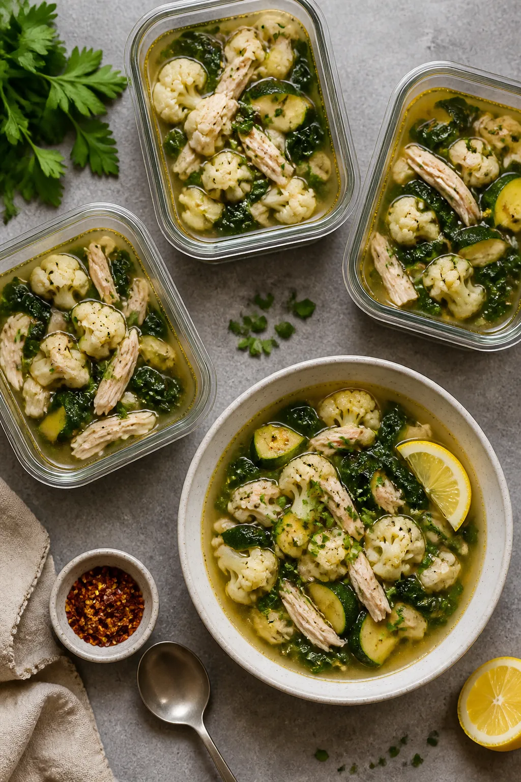 Tasty top view: Overhead shot of a meal-prep spread featuring the finished soup portioned into three