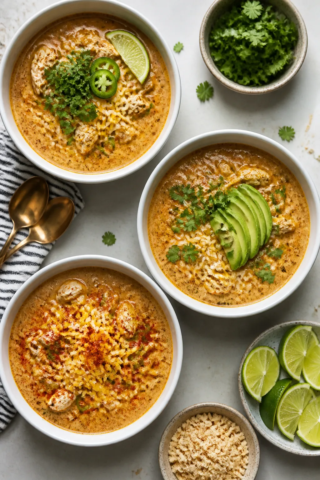 Tasty top view — Overhead shot of a weeknight serving spread: multiple bowls of finished enchilada