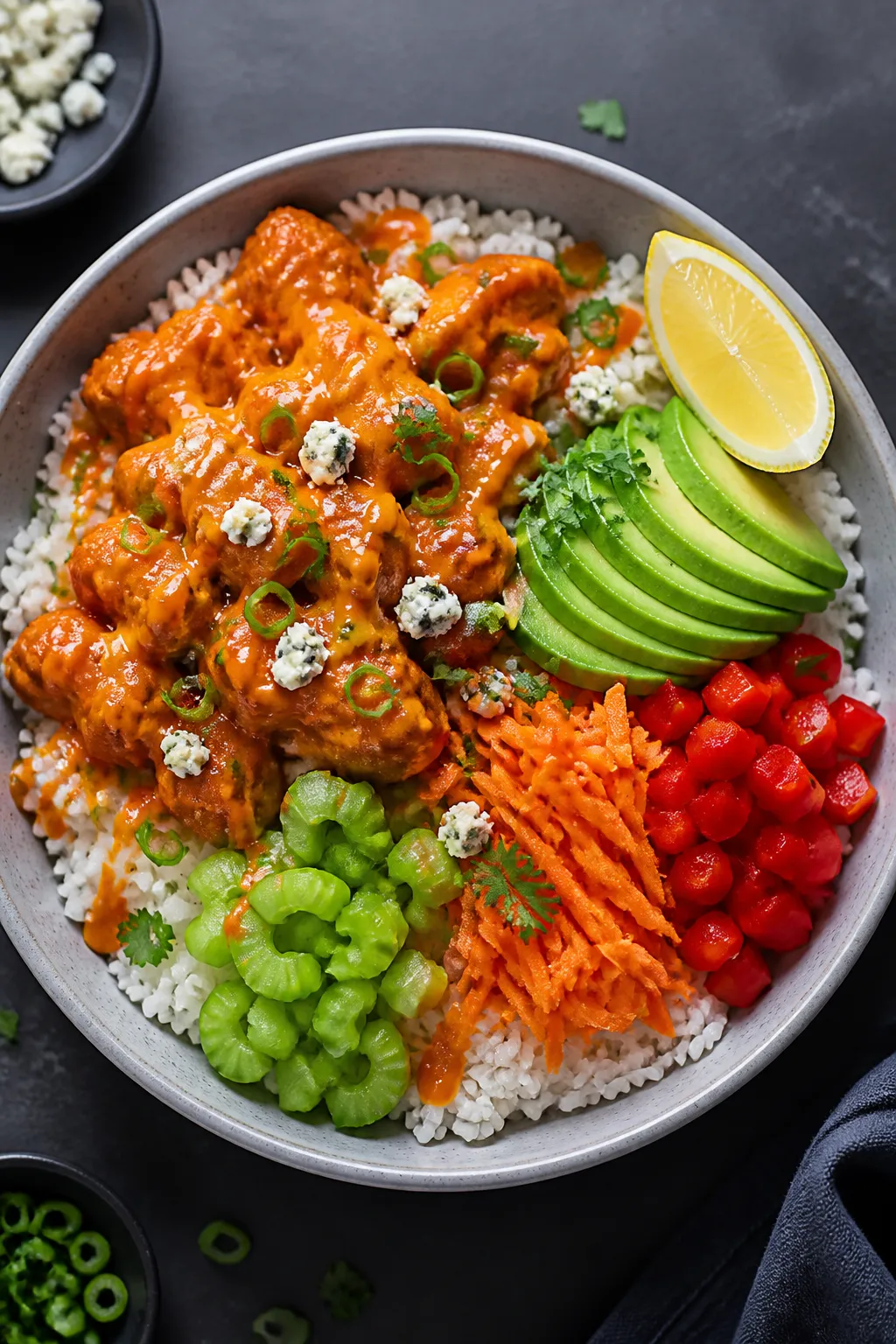Tasty top view: Overhead shot of assembled buffalo chicken rice bowl—fluffy white jasmine rice bas