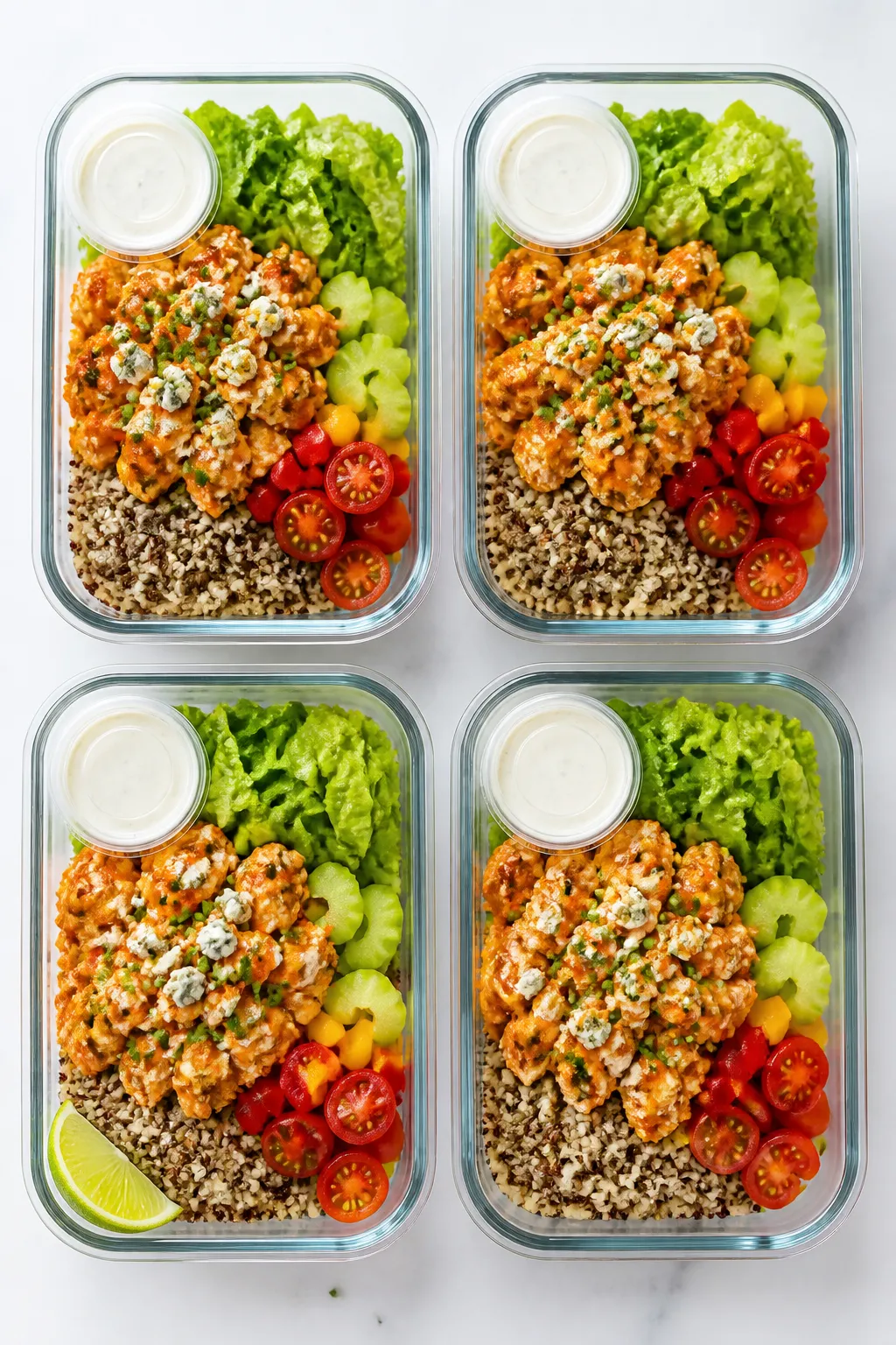 Tasty top view: Overhead shot of assembled Buffalo Chicken Ranch Meal Prep Boxes (4 containers) neat