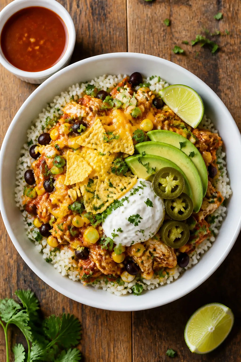 Tasty top view: Overhead shot of assembled Chicken Enchilada Rice Bowls—fluffy cilantro-lime rice 