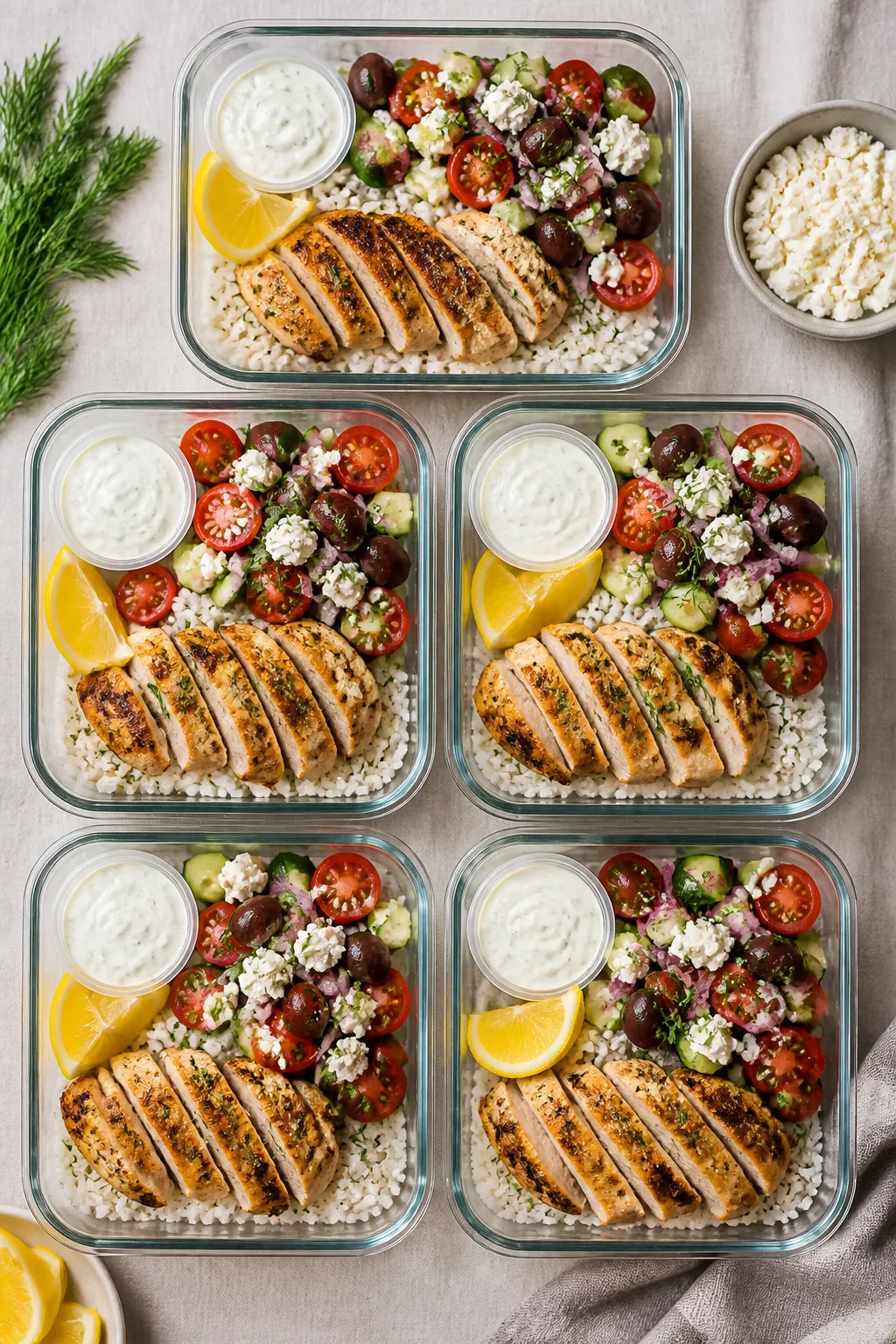 Tasty top view: Overhead shot of assembled Greek Chicken & Rice meal prep bowls (5 containers) arran