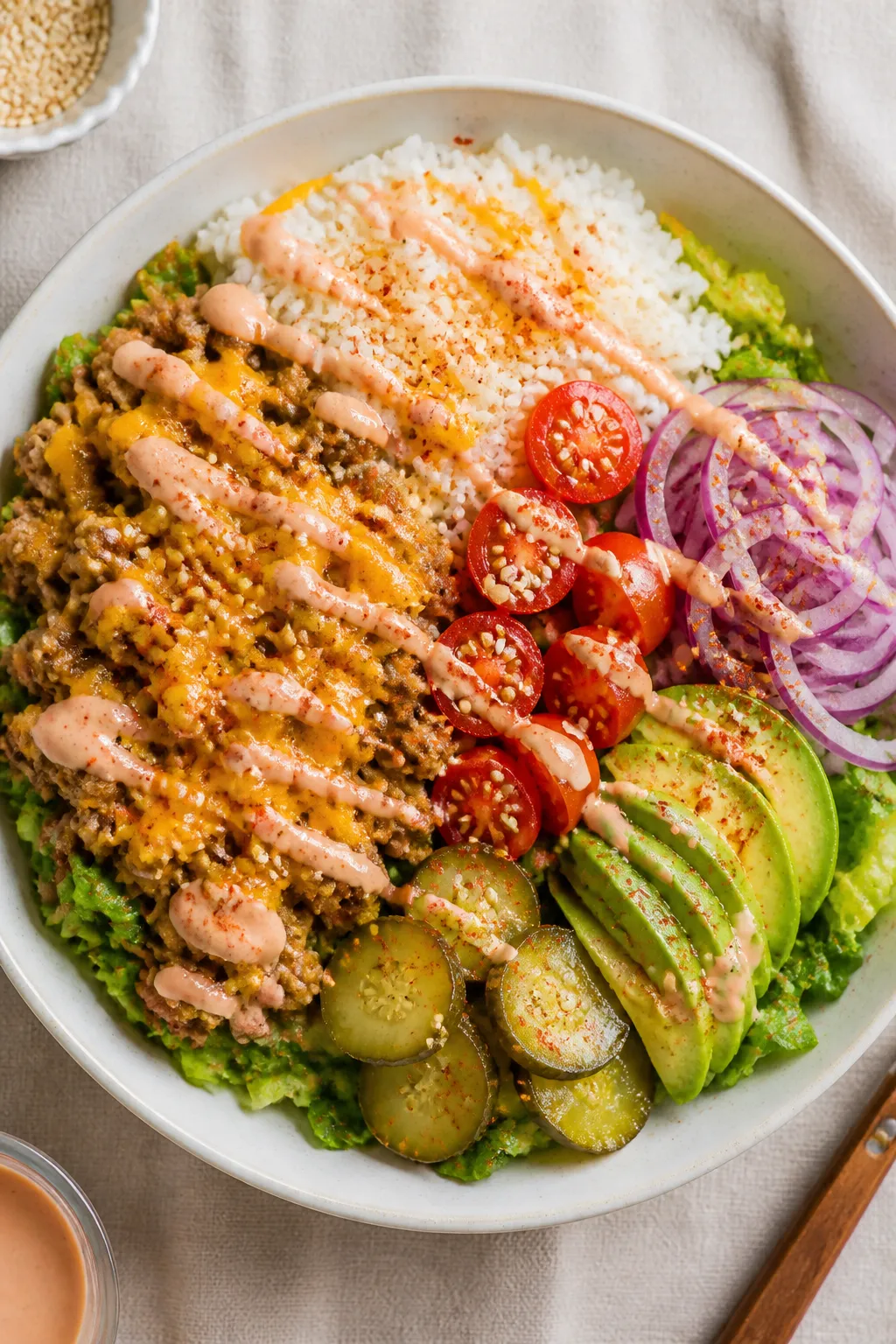Tasty top view: Overhead shot of assembled Ground Chicken Cheeseburger Bowls on a matte white shallo