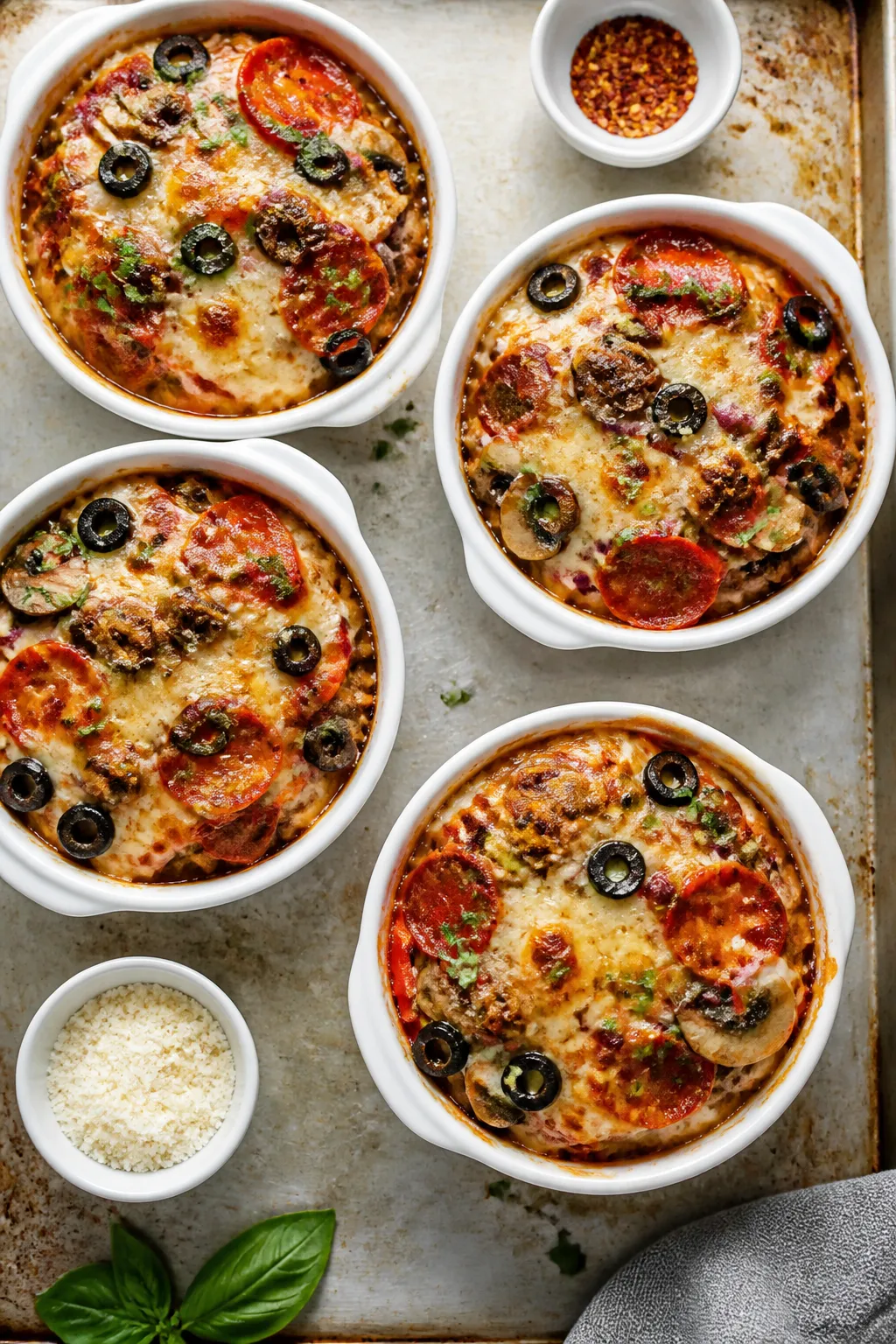 Tasty top view: Overhead shot of assembled Ground Chicken Pizza Bowls on a sheet pan just out of the