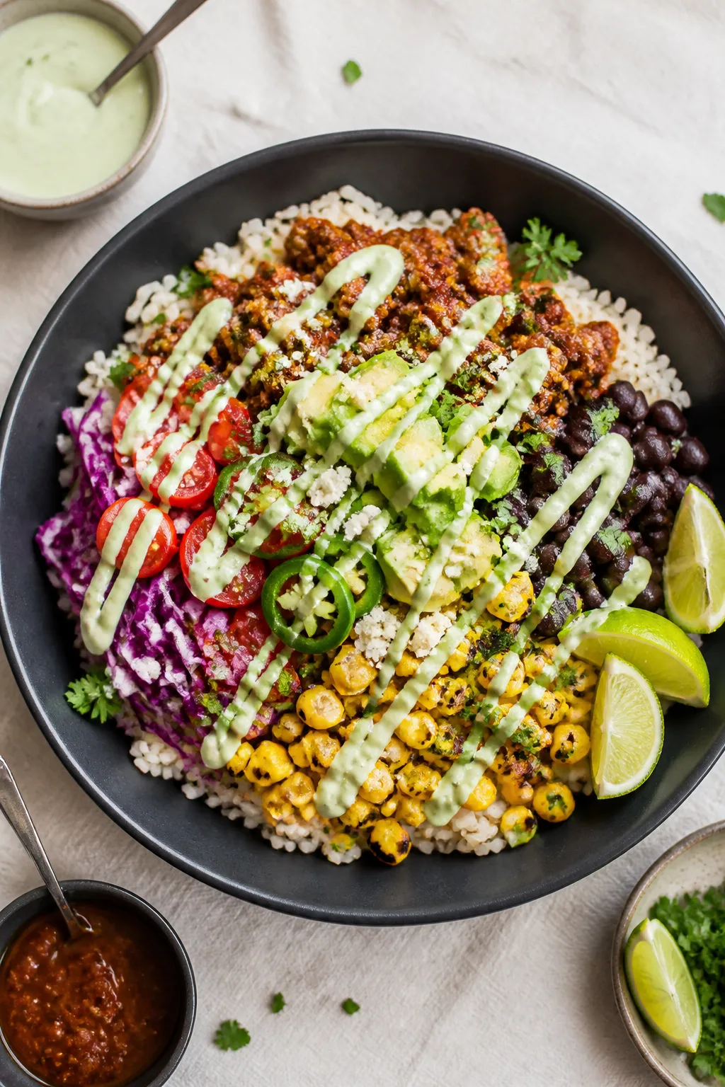 Tasty top view: Overhead shot of assembled Ground Chicken Chipotle Bowls—warm white rice base topp