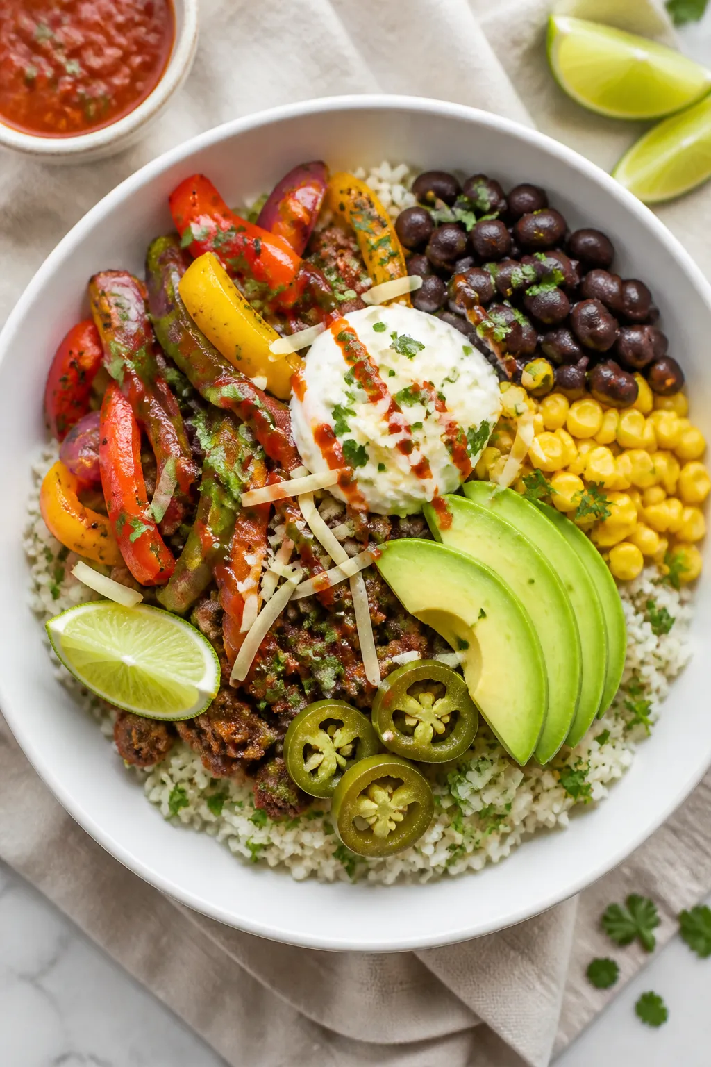 Tasty top view: Overhead shot of assembled Ground Chicken Fajita Bowlsâfluffy cilantro-lime rice b