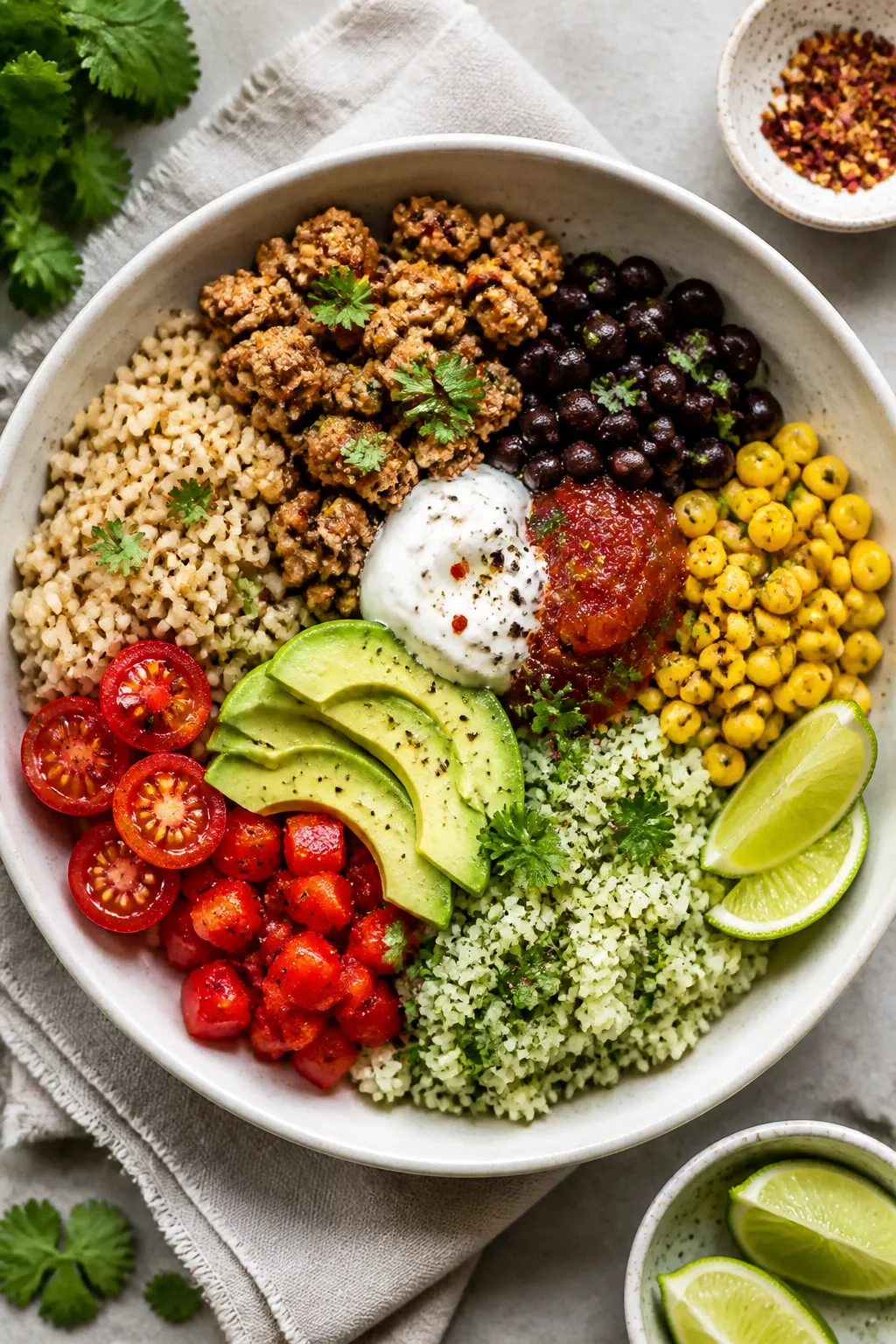 Tasty top view: Overhead shot of assembled Healthy Ground Chicken Burrito Bowl in a matte white shal