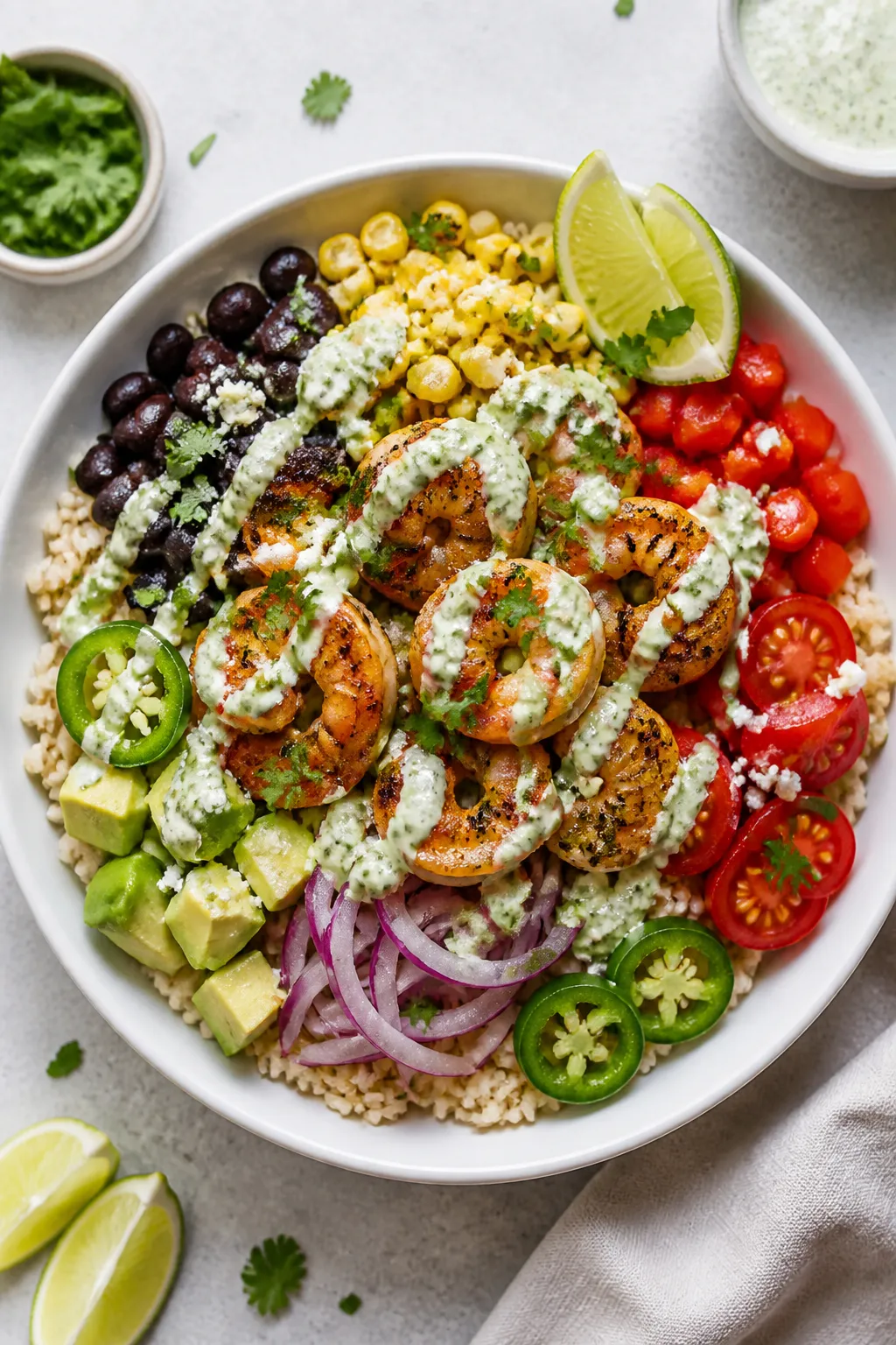 Tasty top view: Overhead shot of assembled Healthy Shrimp Taco Bowl on a wide white ceramic bowl—f