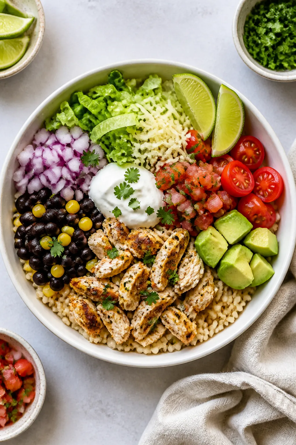 Tasty top view â Overhead shot of assembled High Protein Rotisserie Chicken Taco Bowls: fluffy bro
