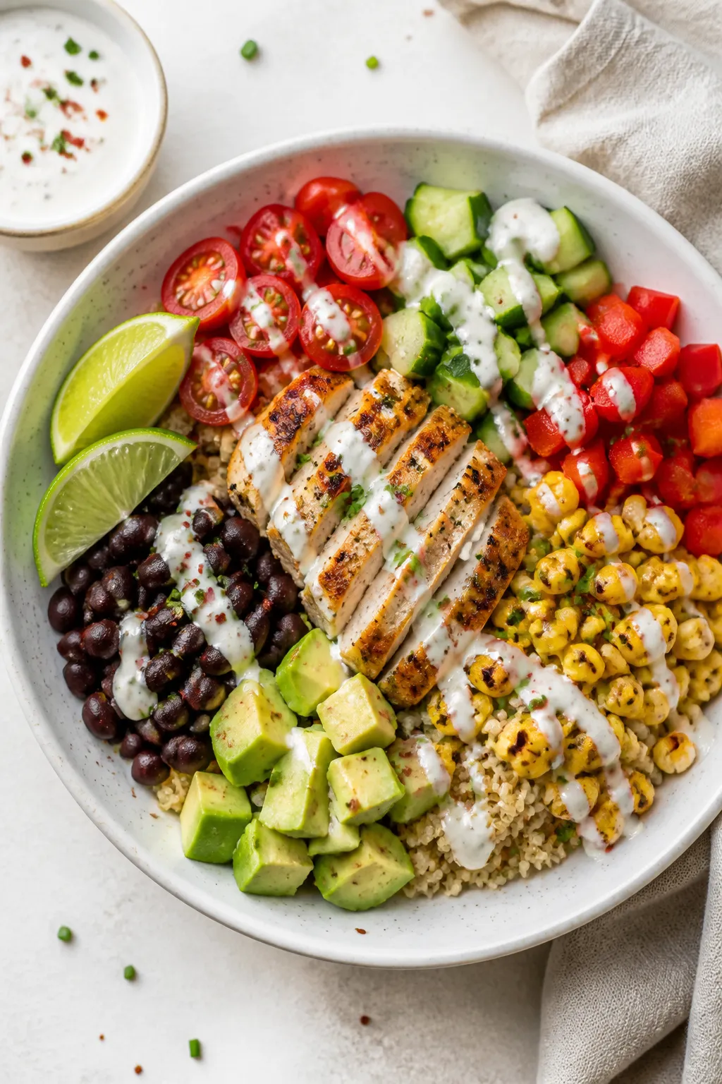 Tasty top view: Overhead shot of assembled High Protein Ranch Chicken Bowls—fluffy quinoa base, wa