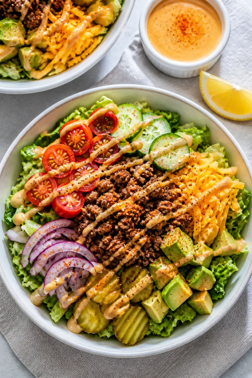 Tasty top view: Overhead shot of assembled High Protein Burger Bowls—vibrant chopped romaine base 
