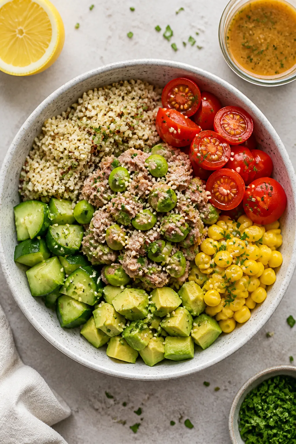Tasty top view: Overhead shot of assembled High Protein Tuna Bowls meal-prep styleâsections of flu