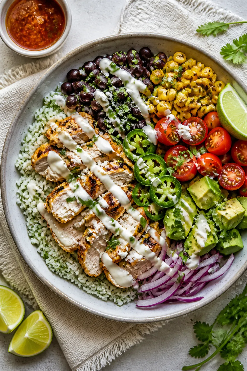 Tasty top view: Overhead shot of assembled High Protein Rotisserie Chicken Street Taco Bowl—cilant