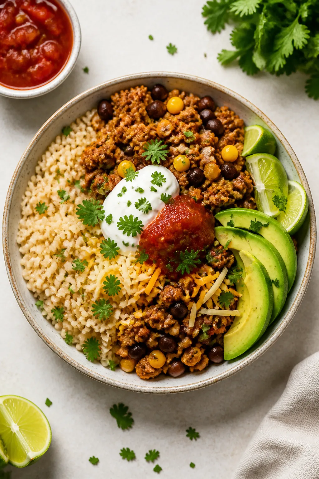 Tasty top view: Overhead shot of assembled High Protein Ground Chicken Taco Bowls â half bowl of f