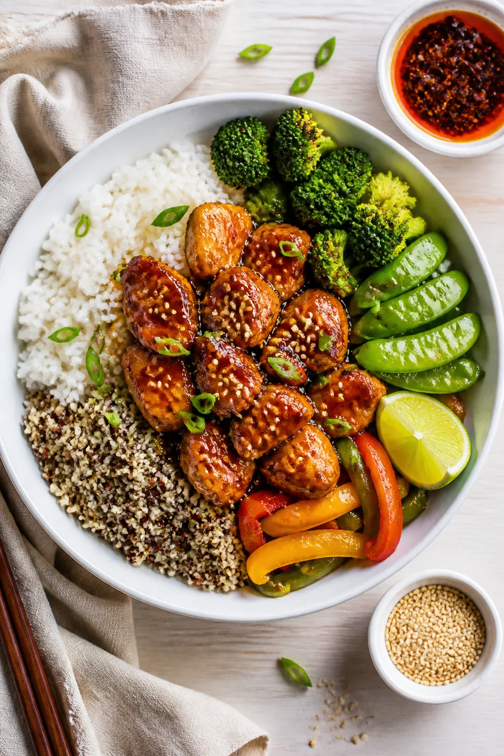 Tasty top view: Overhead shot of assembled High Protein Honey Garlic Chicken Bowl on a matte white s