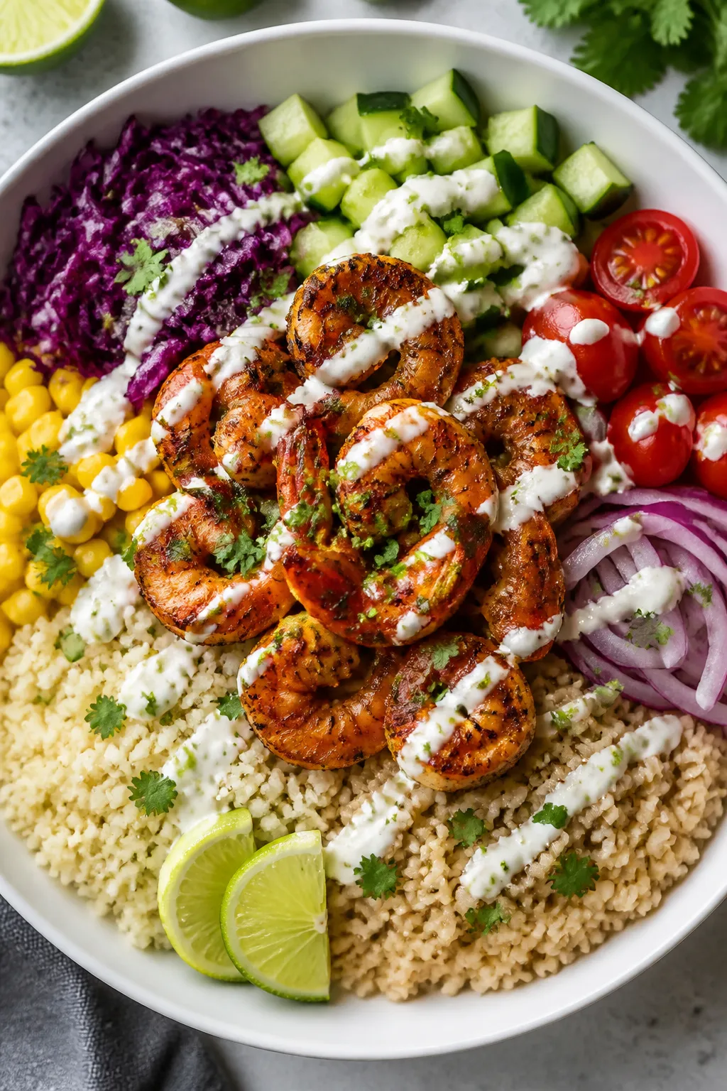 Tasty top view: Overhead shot of assembled Low Calorie Blackened Shrimp Bowl on a wide, shallow whit