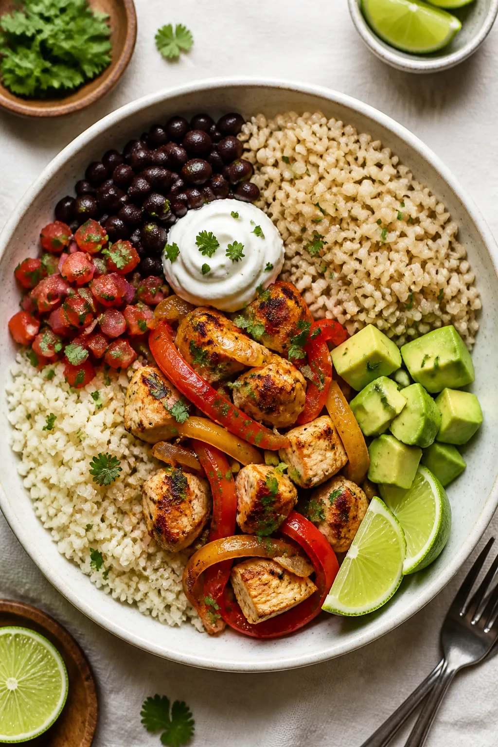 Tasty top view: Overhead shot of assembled Low Calorie Chicken Fajita Bowls featuring a base of fluf