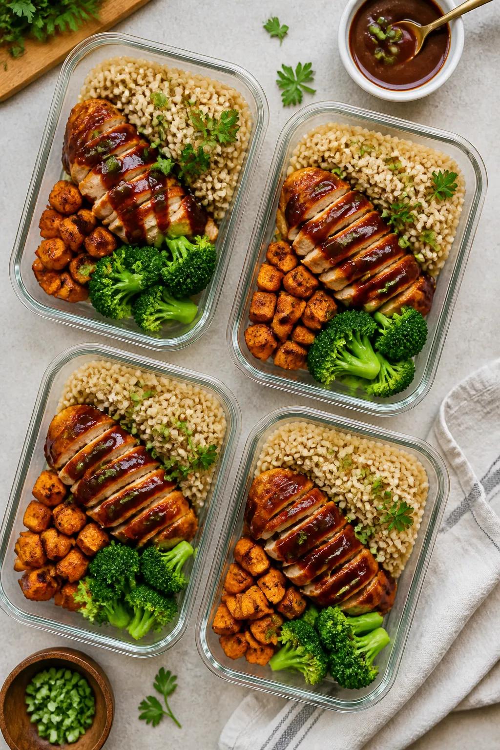 Tasty top view: Overhead shot of assembled meal prep containers—brown rice, roasted sweet potato c