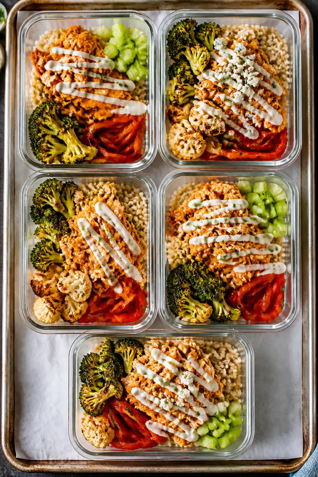 Tasty top view: Overhead shot of assembled meal prep containers—buffalo chicken over fluffy brown 