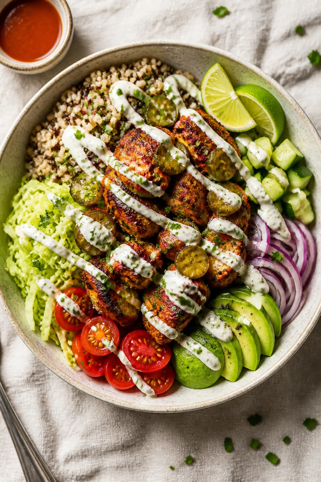 Tasty top view: Overhead shot of assembled Nashville Hot Chicken Protein Bowl—half brown rice and 