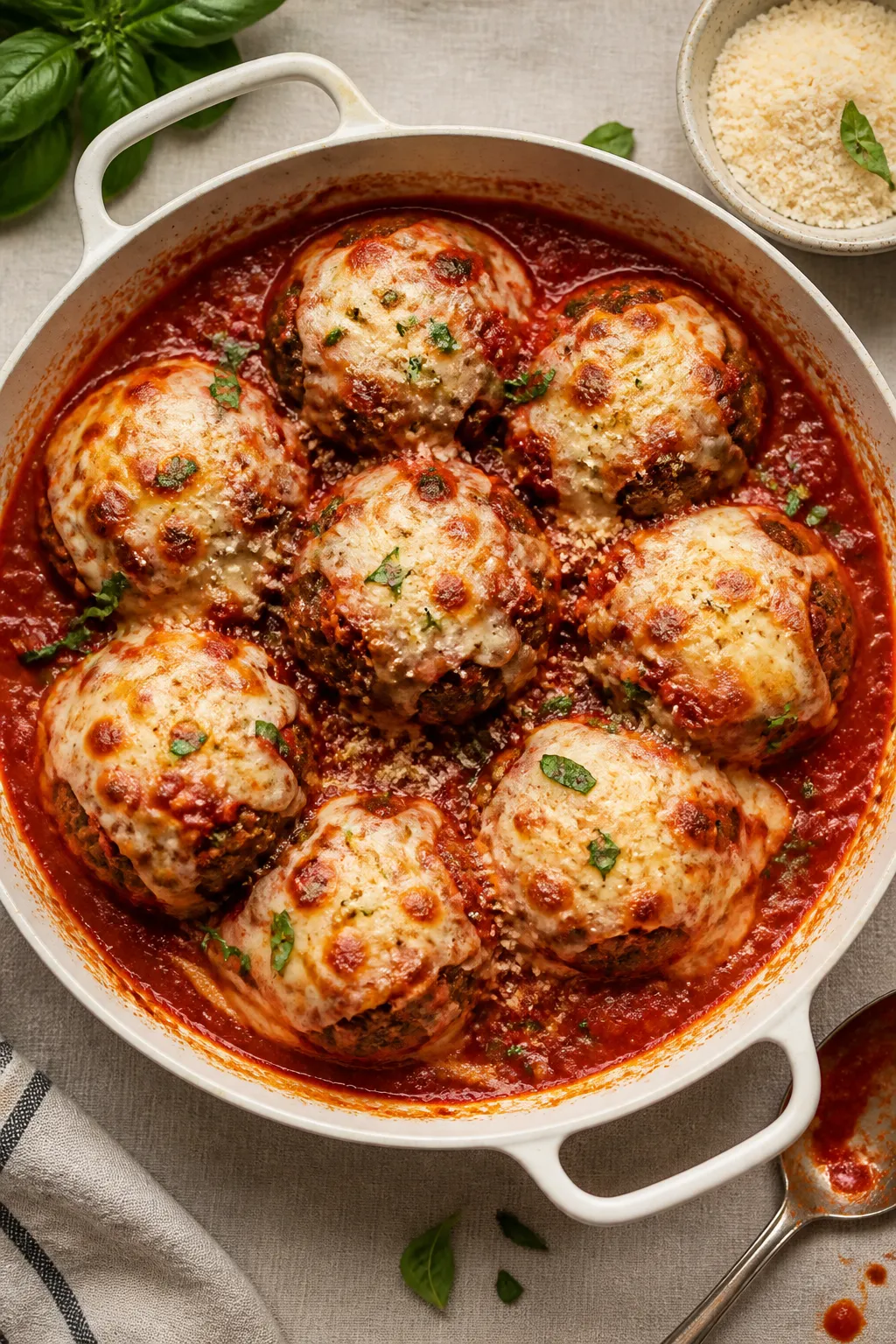 Tasty top view: Overhead shot of chicken Parmesan meatballs finished with melted, lightly blistered 