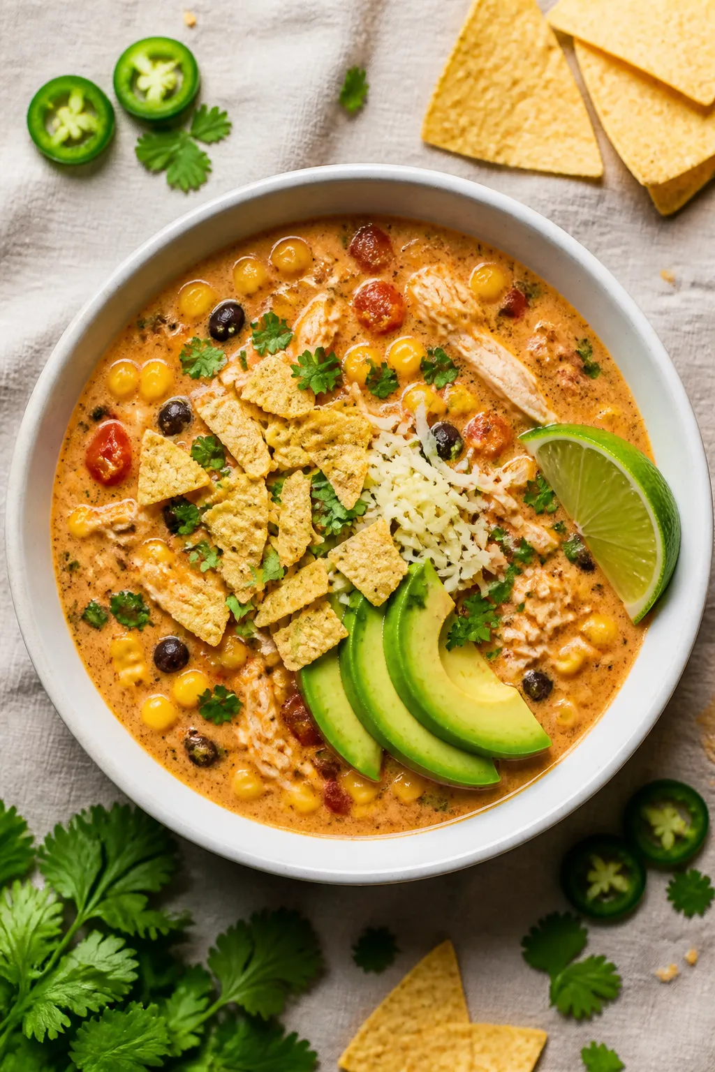 Tasty top view: Overhead shot of creamy chicken fajita soup in a matte white bowl, silky orange-tint