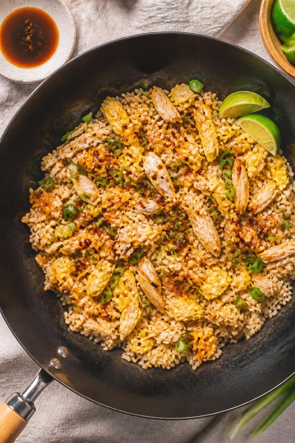 Tasty top view: Overhead shot of Easy Rotisserie Chicken Fried Rice just finished in the panârice
