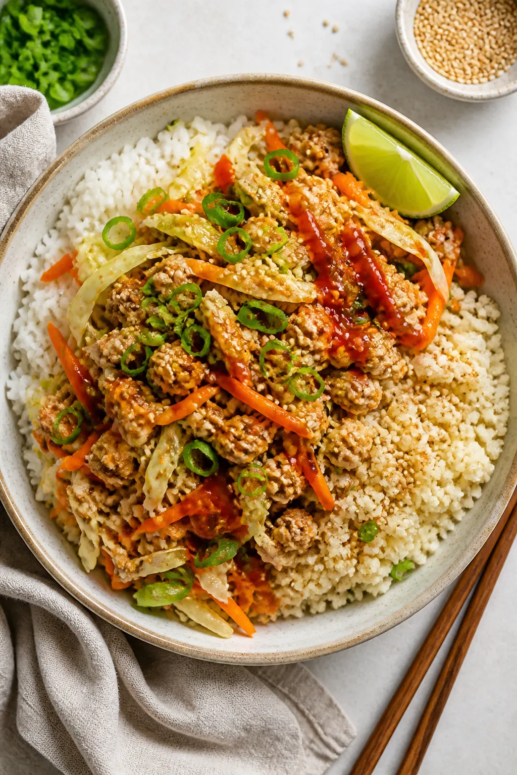 Tasty top view: Overhead shot of âegg roll in a bowlâ served over fluffy white rice and cauliflo