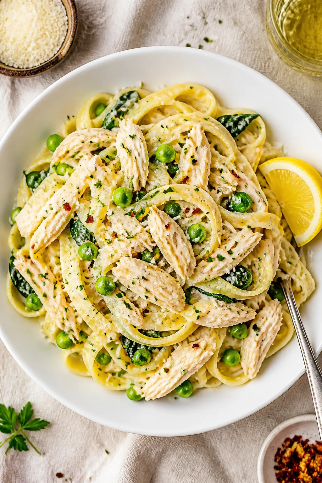 Tasty top view: Overhead shot of fettuccine tossed with shredded rotisserie chicken in the finished