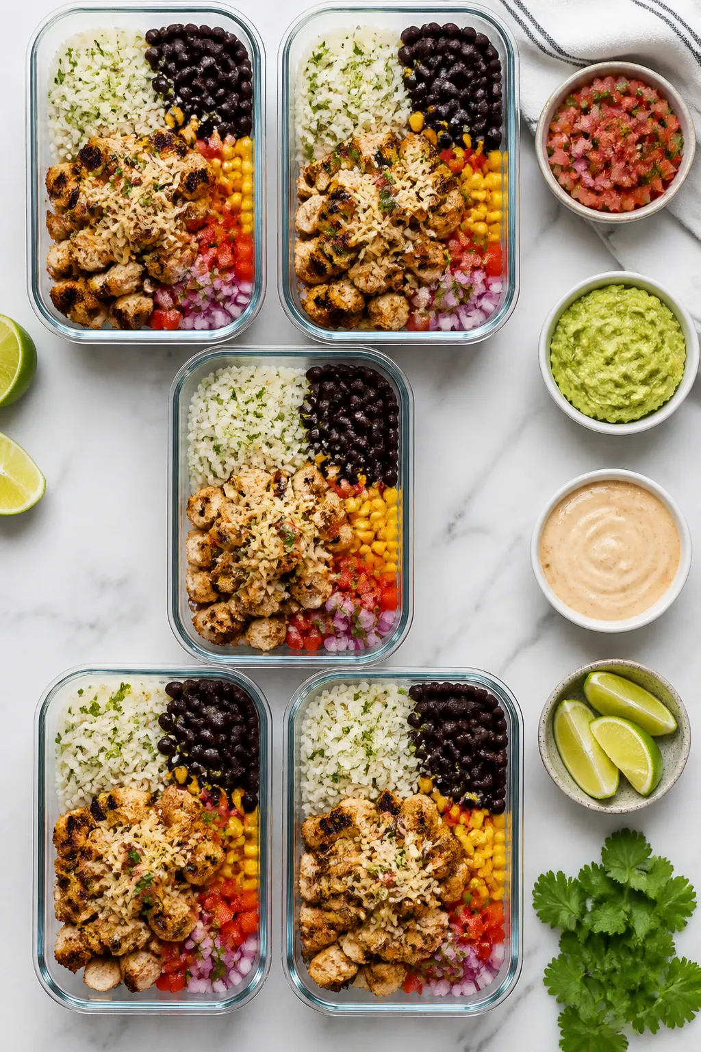 Tasty top view: Overhead shot of five meal prep containers neatly assembled with cilantro-lime rice 