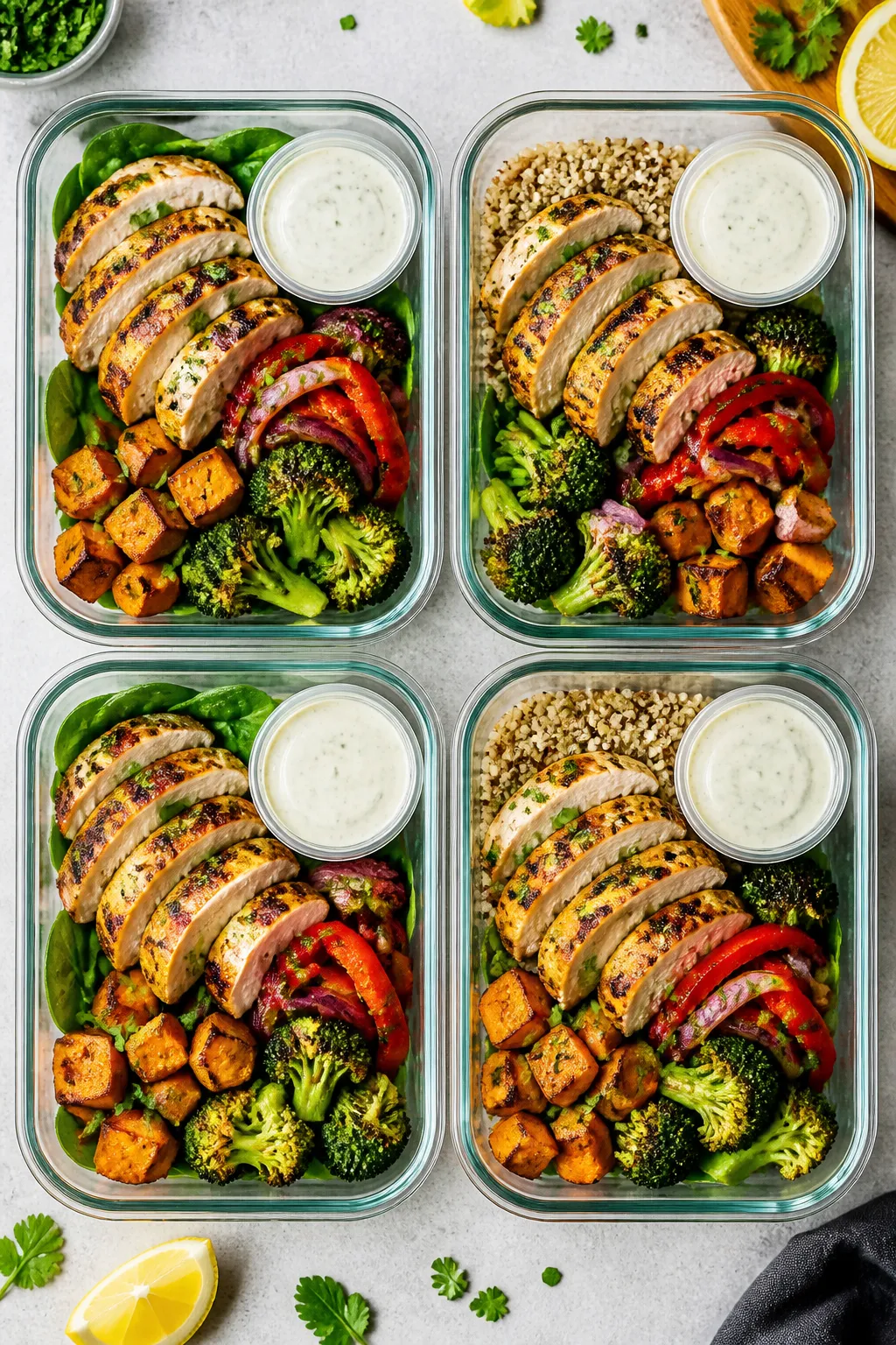 Tasty top view: Overhead shot of four meal prep bowls neatly arranged, each layered with baby spinac