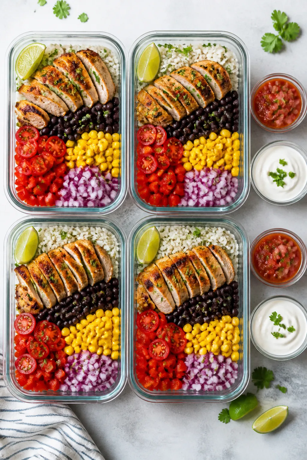Tasty top view: Overhead shot of four meal prep containers neatly assembled with cilantro lime rice,