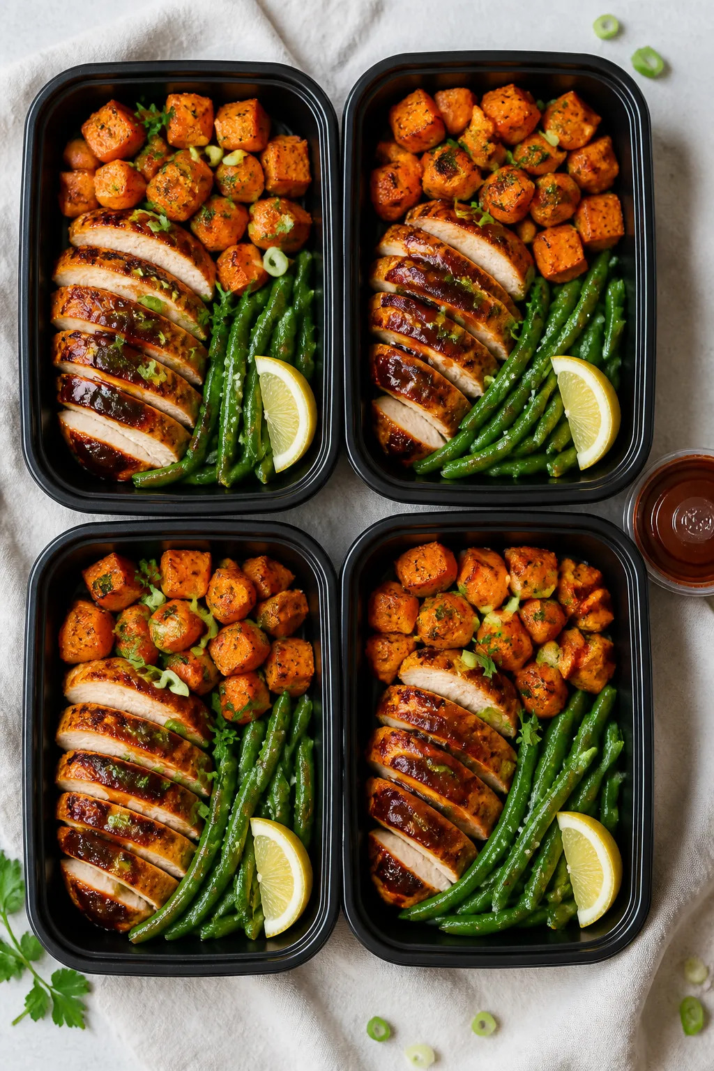Tasty top view: Overhead shot of four meal prep containers neatly portionedâ5â6 oz sliced BBQ ch