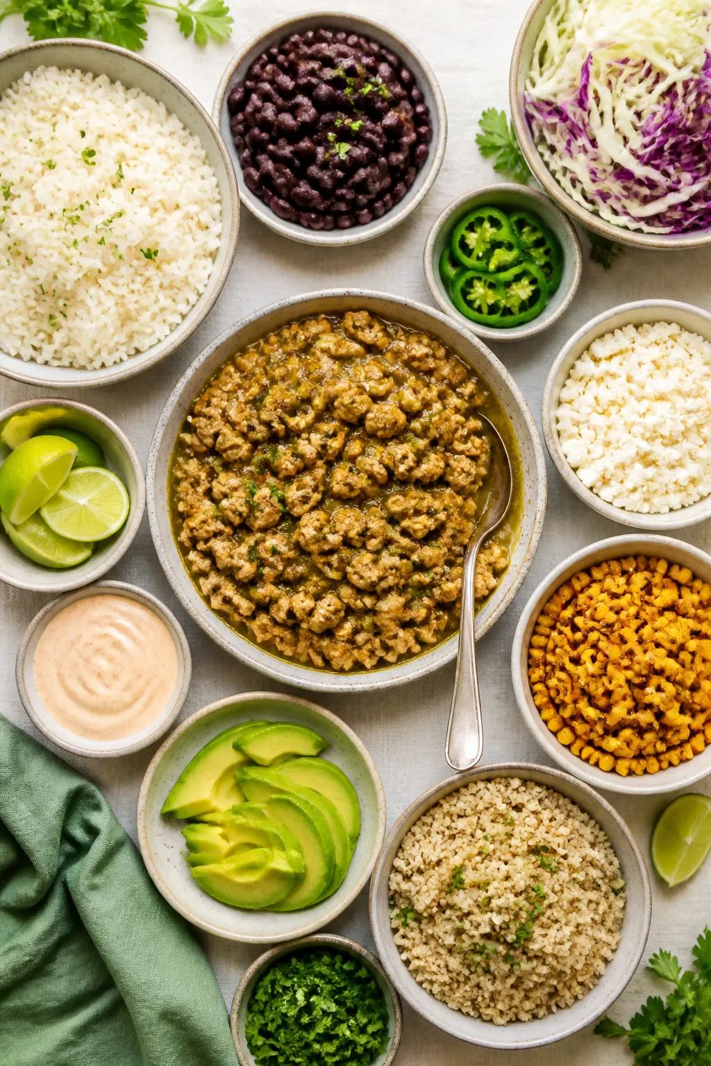 Tasty top view: Overhead shot of Ground Chicken Salsa Verde Bowls assembly barâneatly arranged bow