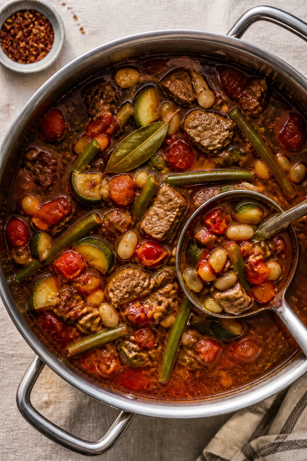 Tasty top view ā Overhead shot of high-protein beef and vegetable soup at a gentle simmer: tender