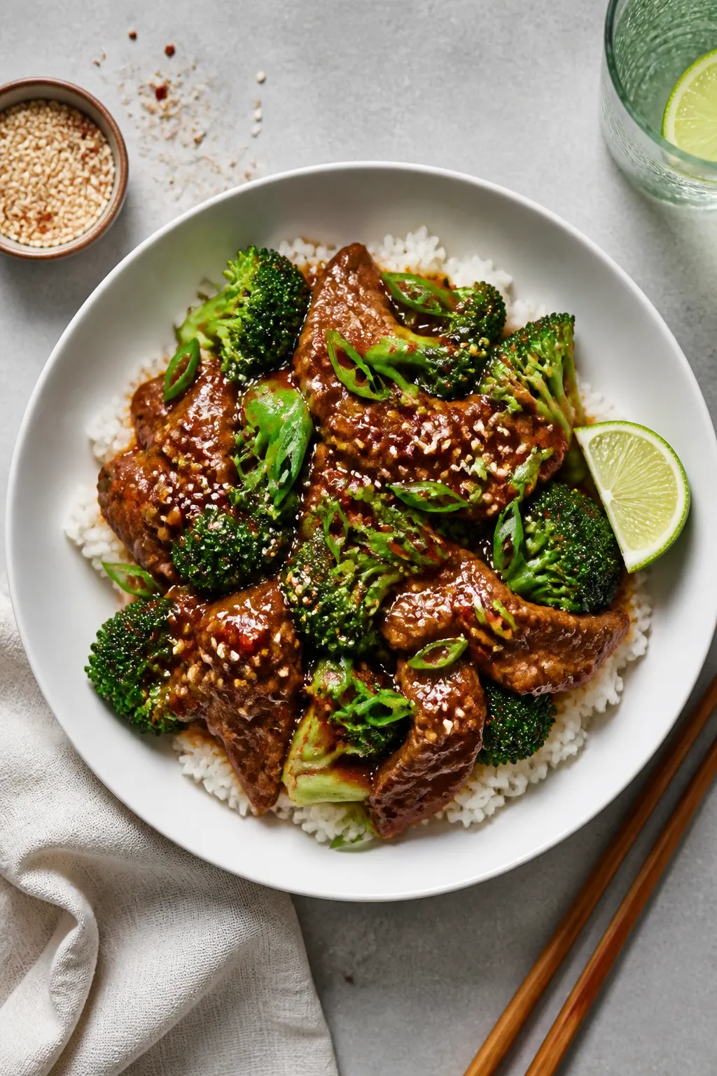 Tasty top view: Overhead shot of High Protein Beef & Broccoli Bowl served on warm jasmine rice in a 